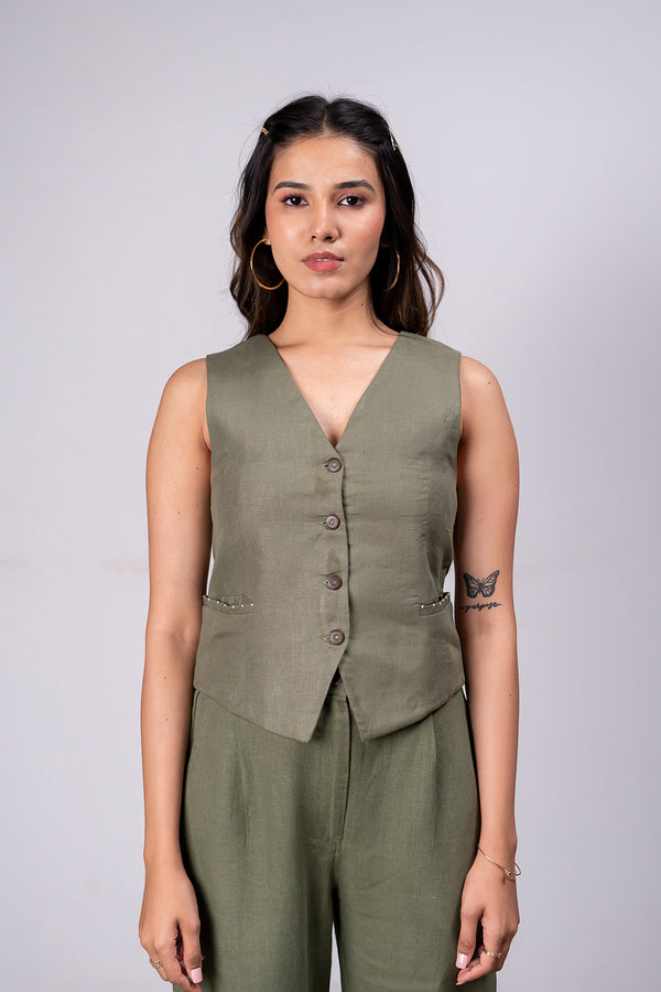 Barbara Linen Vest With Welt Pockets – Olive Green