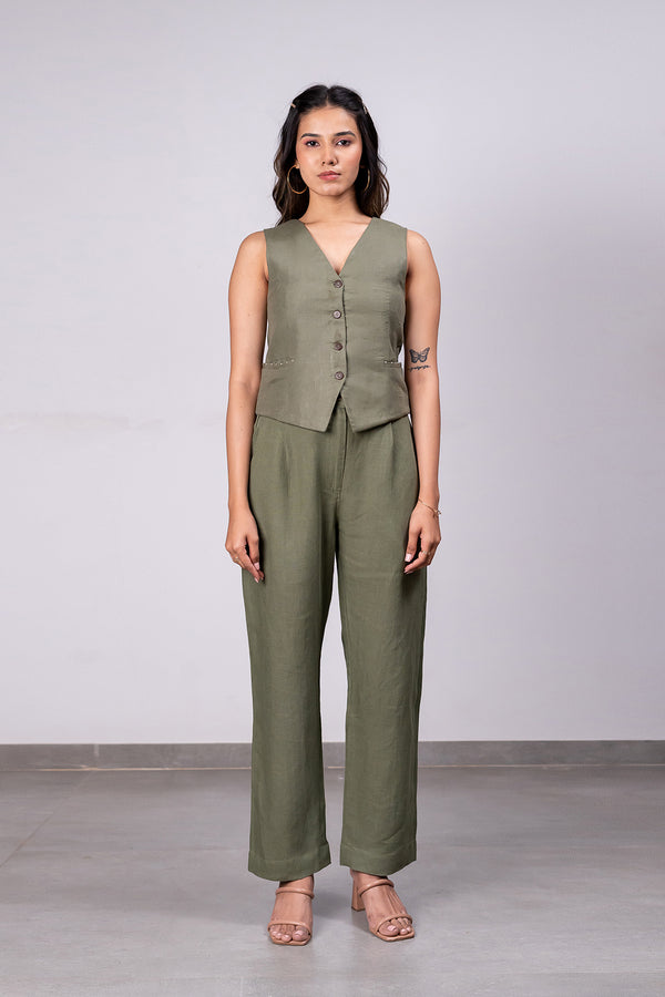 Barbara Linen Vest With Welt Pockets – Olive Green