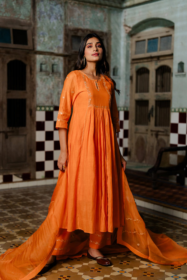 Bel Butta Chanderi Silk Kurta and Pants - Orange