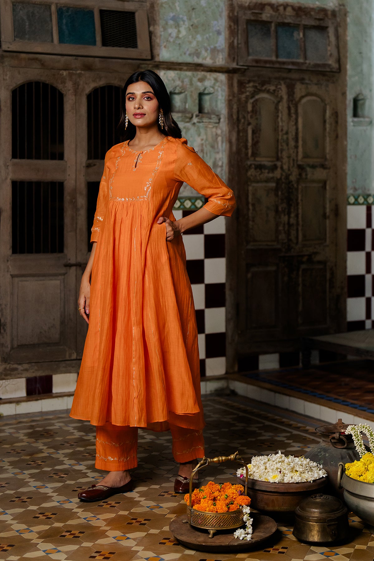 Bel Butta Chanderi Silk Kurta and Pants - Orange