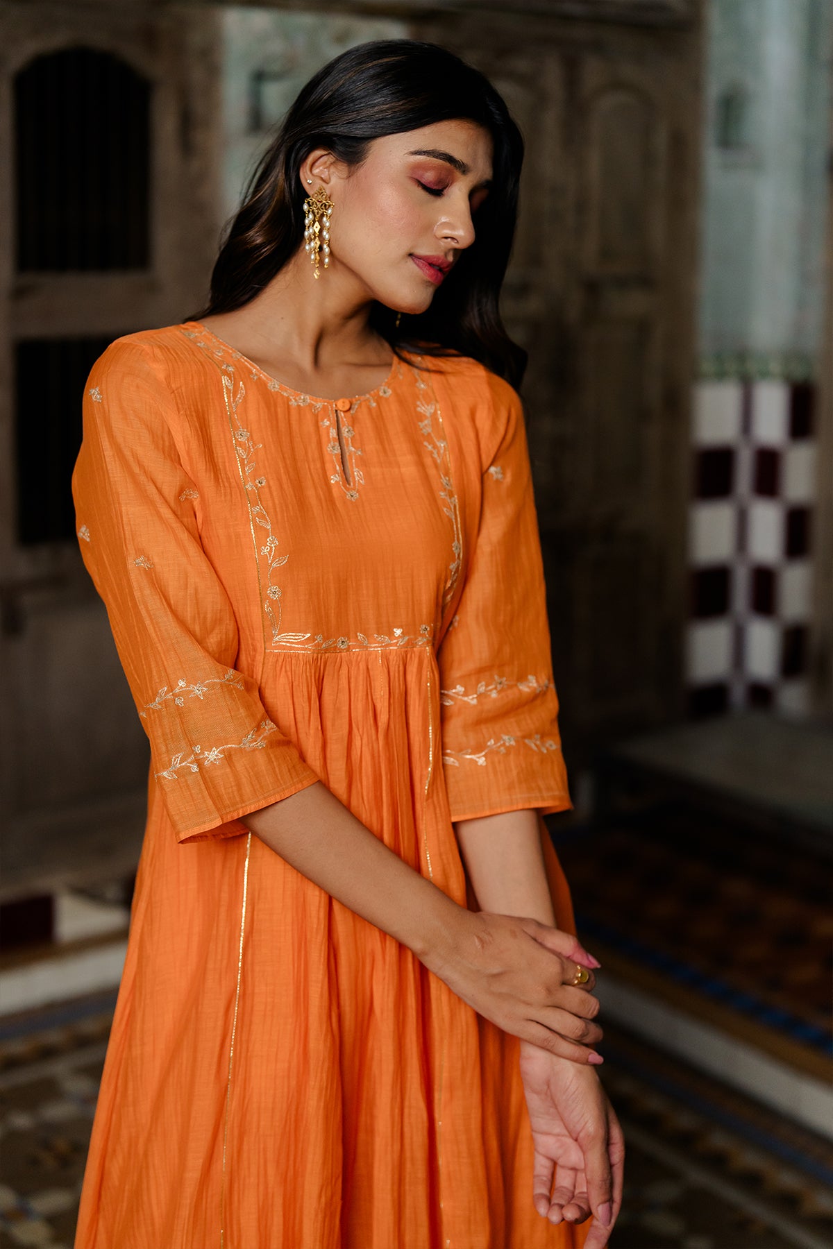 Bel Butta Chanderi Silk Kurta and Pants - Orange
