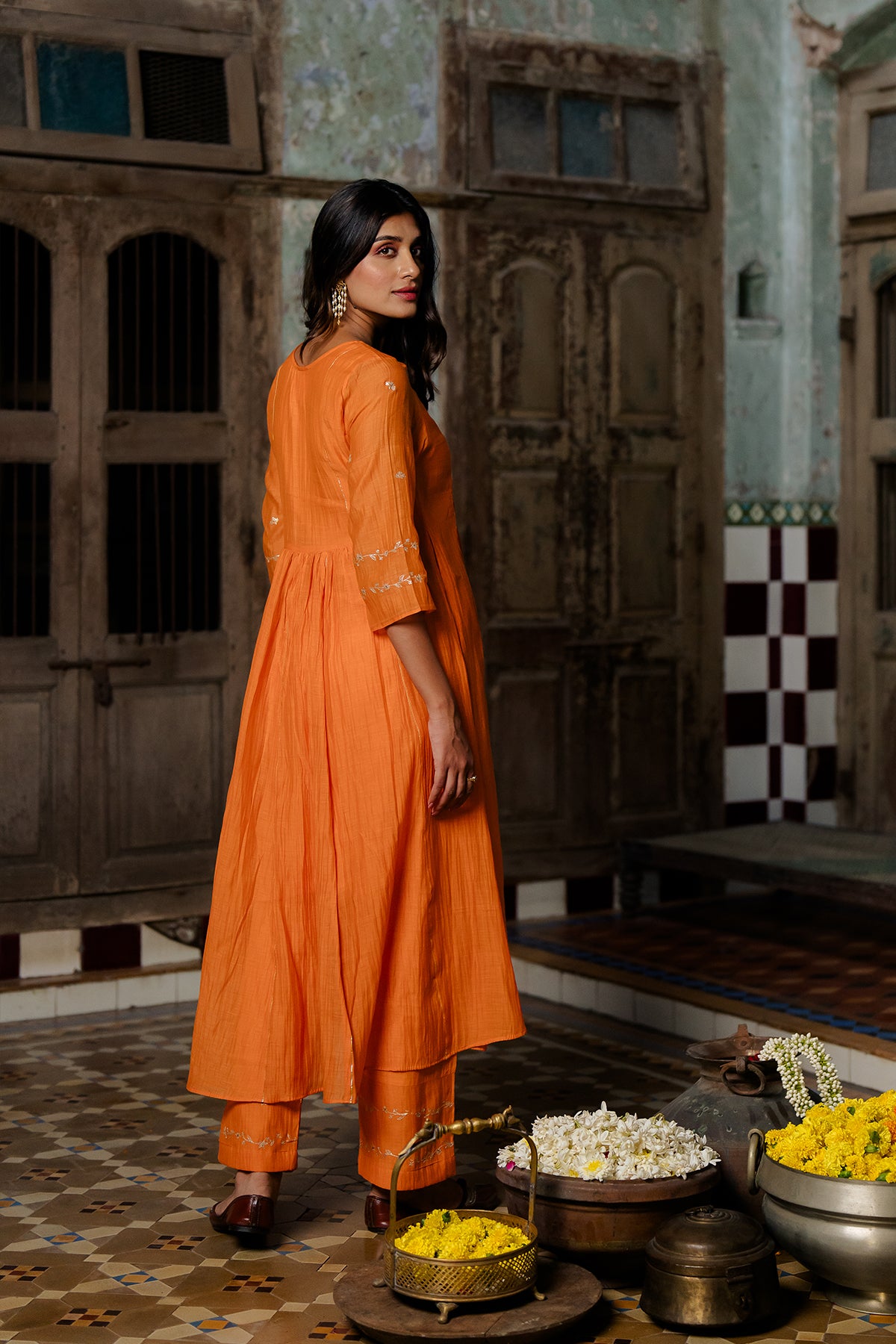 Bel Butta Chanderi Silk Kurta and Pants - Orange