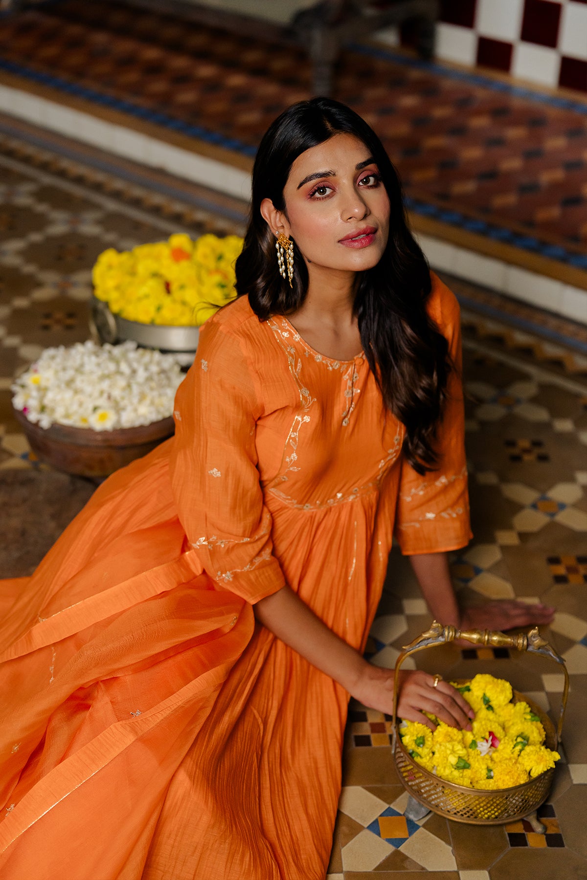Bel Butta Chanderi Silk Kurta and Pants - Orange