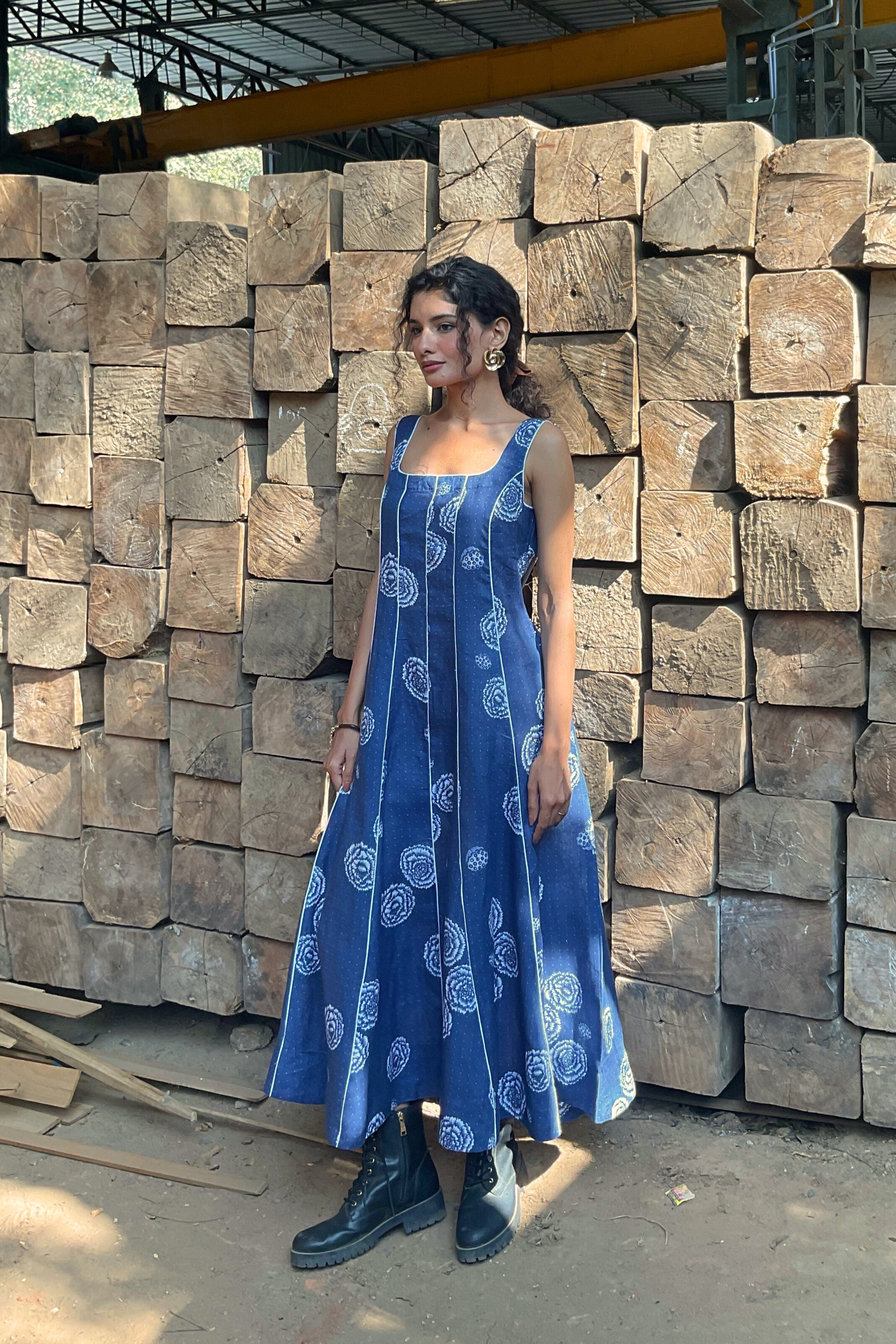 Linen Panel Dress- Blue Floral