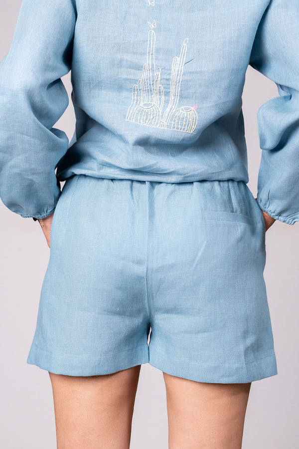 Bobby Linen Drawstring Shorts With Pockets – Icy Blue