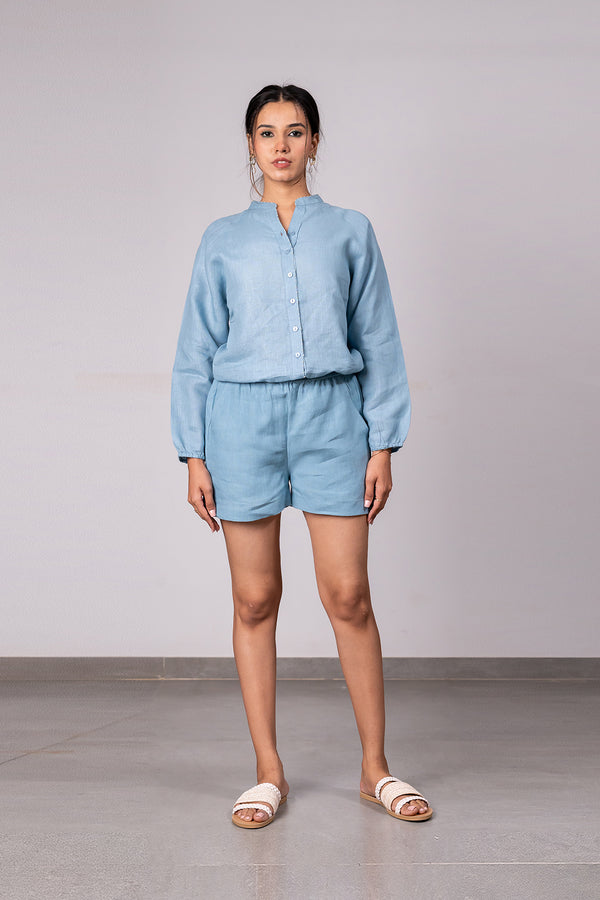 Bobby Linen Drawstring Shorts With Pockets – Icy Blue