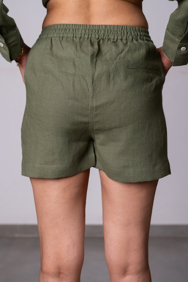 Bobby Linen Zipper Shorts With Pockets – Olive Green