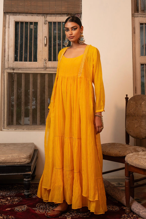 Chanderi Mor Overlay - kesariya peela