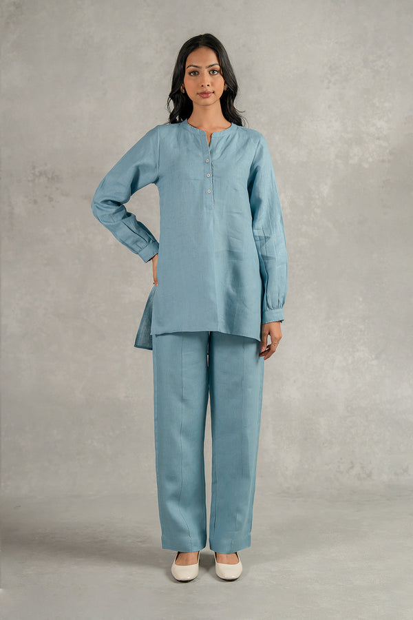 Camila Linen Top with Pockets - Icy Blue