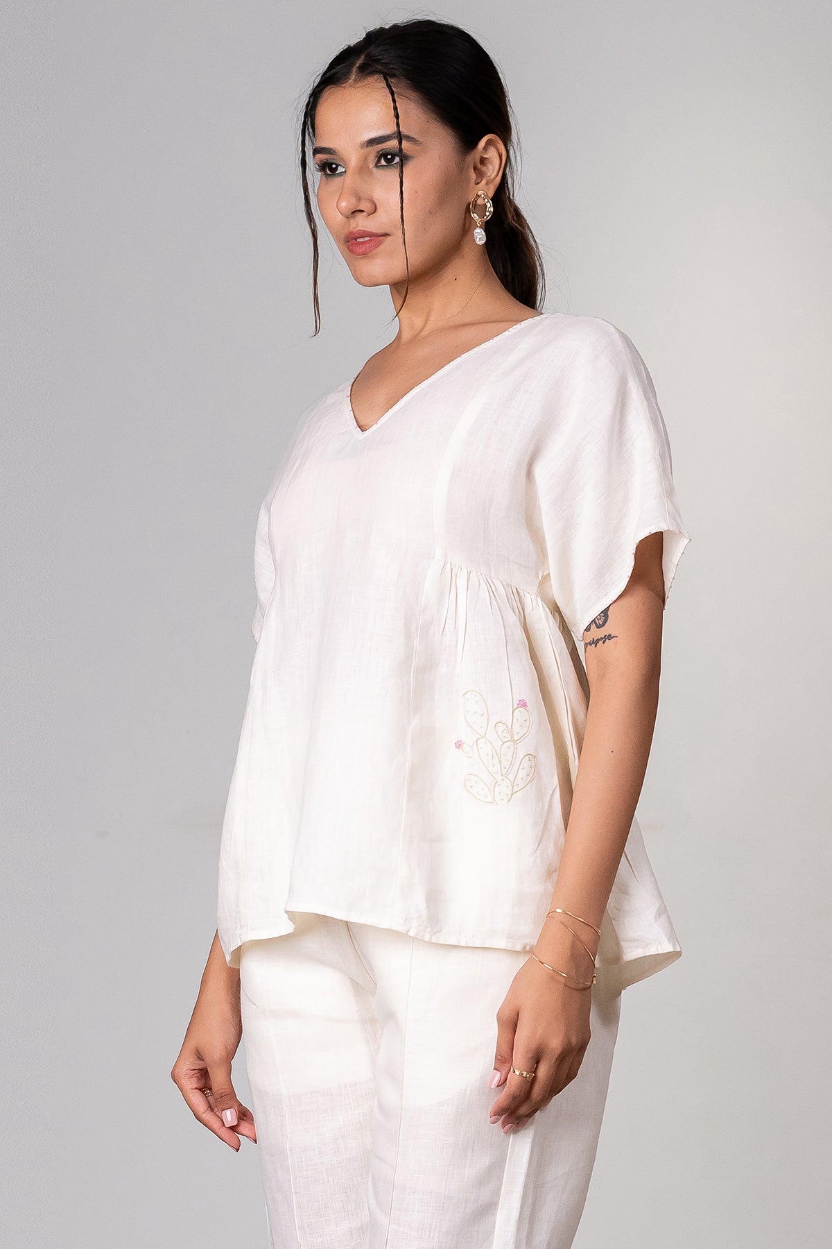 Cecilia Linen Side Gather Top – Off White
