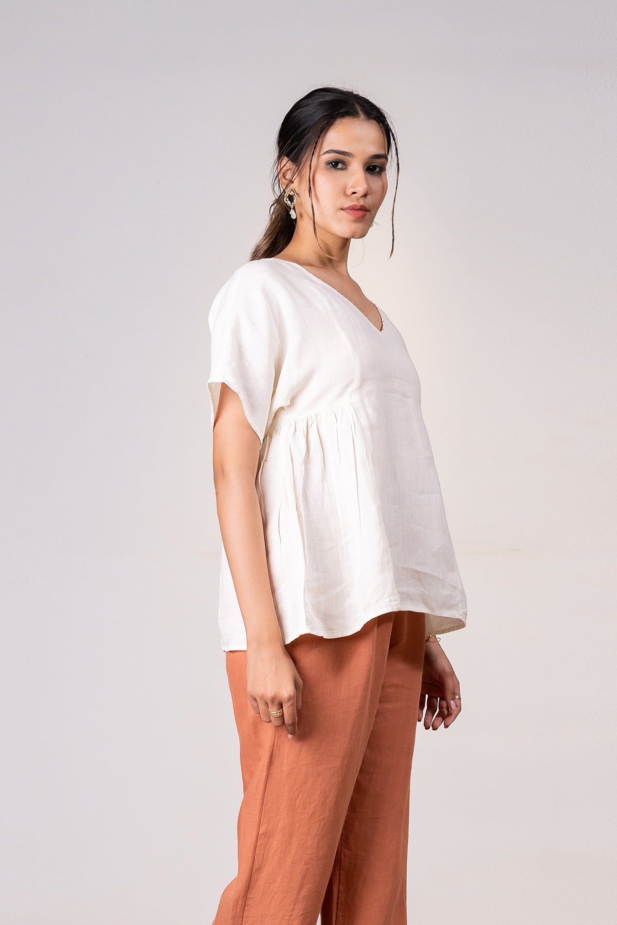 Cecilia Linen Side Gather Top – Off White