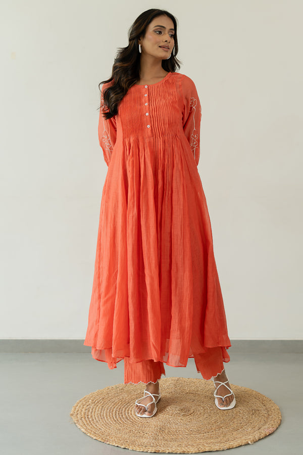 Chanderi-Pintuck-Kurta-and-Pant-Set-Apricot-