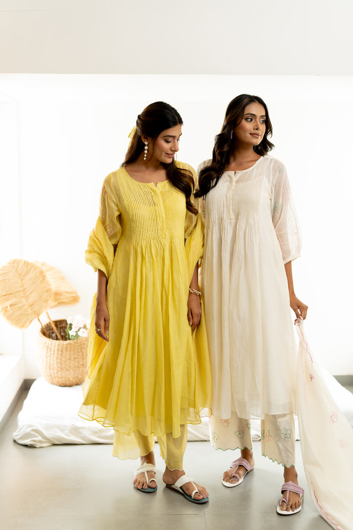 Chanderi-Pintucks-Kurta-and-Pant-Set-Lemon-Yellow-