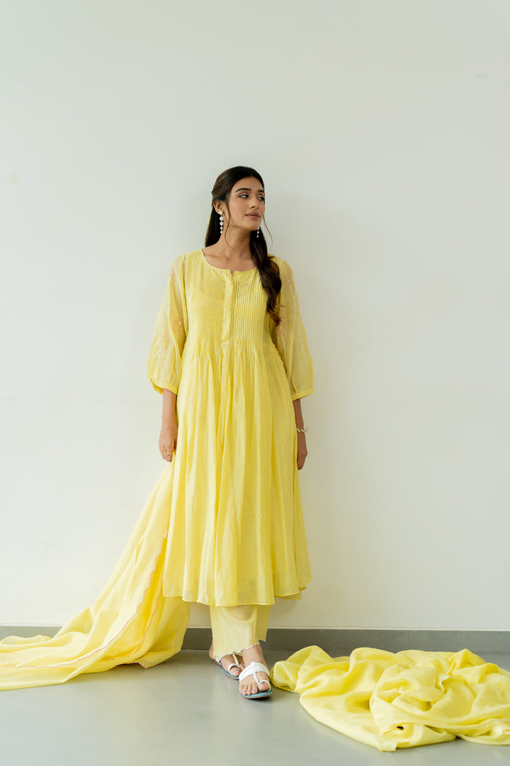 Chanderi-Pintucks-Kurta-and-Pant-Set-Lemon-Yellow-