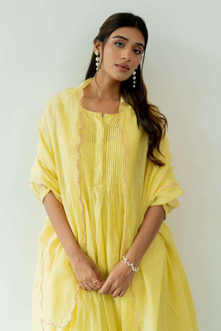 Chanderi-Pintucks-Kurta-and-Pant-Set-Lemon-Yellow-