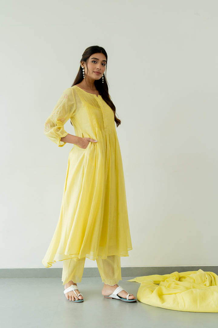 Chanderi-Pintucks-Kurta-and-Pant-Set-Lemon-Yellow-