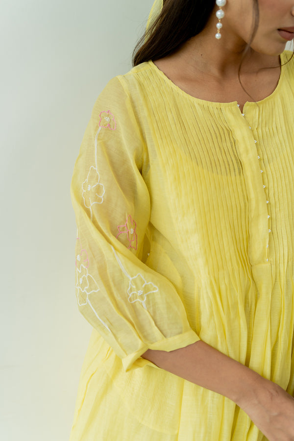 Chanderi-Pintucks-Kurta-and-Pant-Set-Lemon-Yellow-