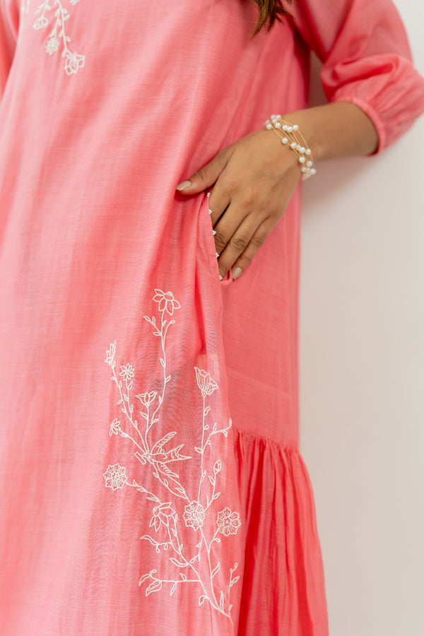 Chanderi Side Frill Dress- Carnation Pink