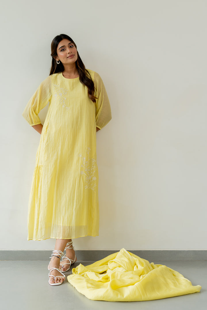 Chanderi Side Frill Dress- Lemon Yellow