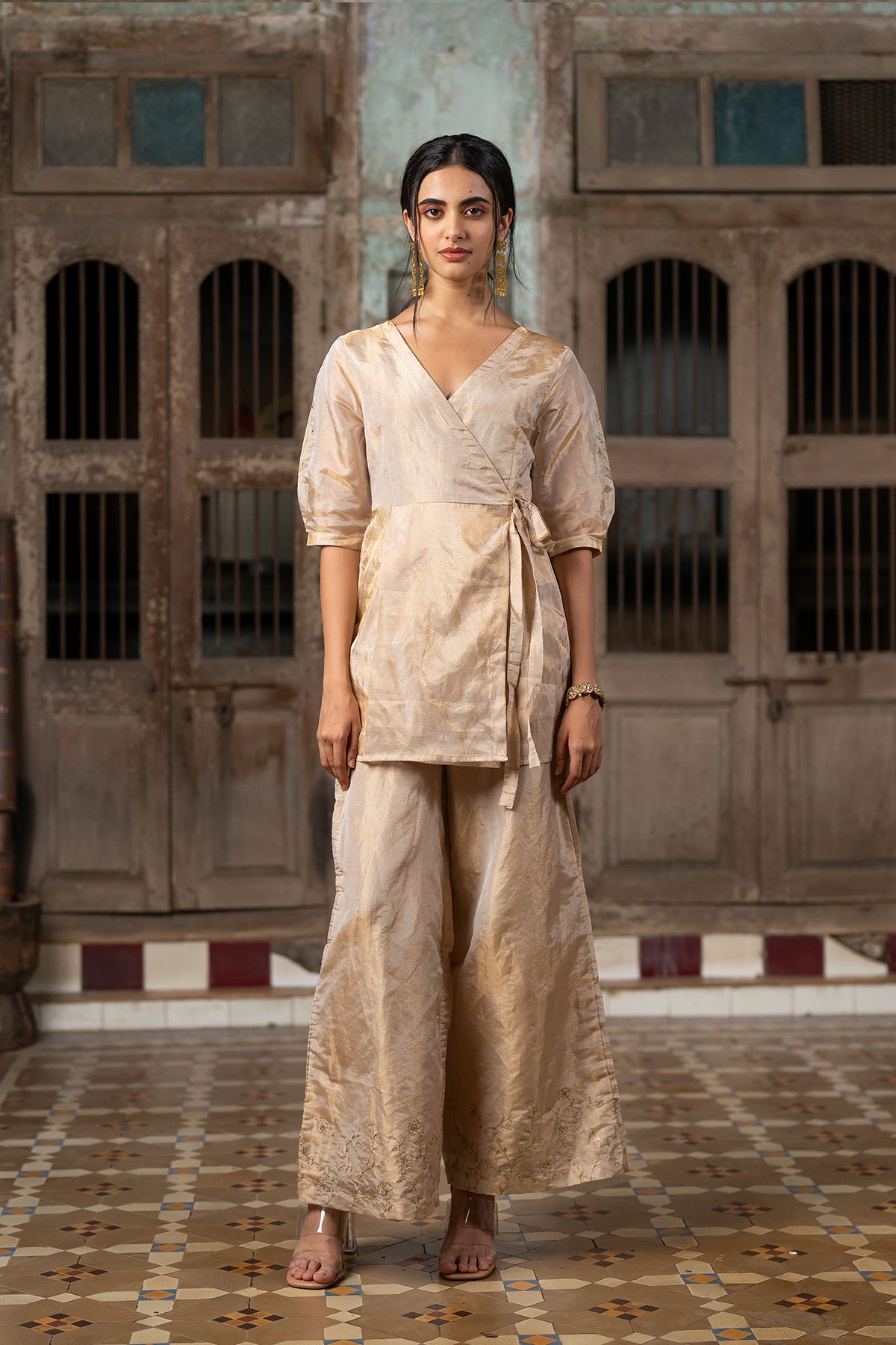 Charu tissue wrap top with wide pants - Gold
