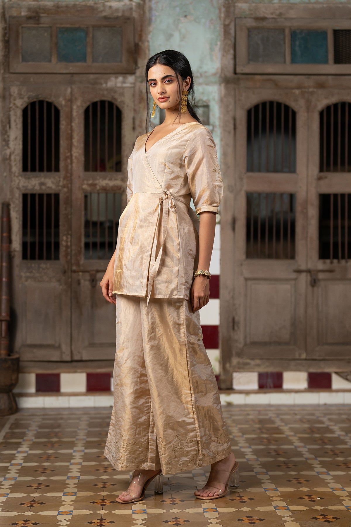 Charu tissue wrap top with wide pants - Gold