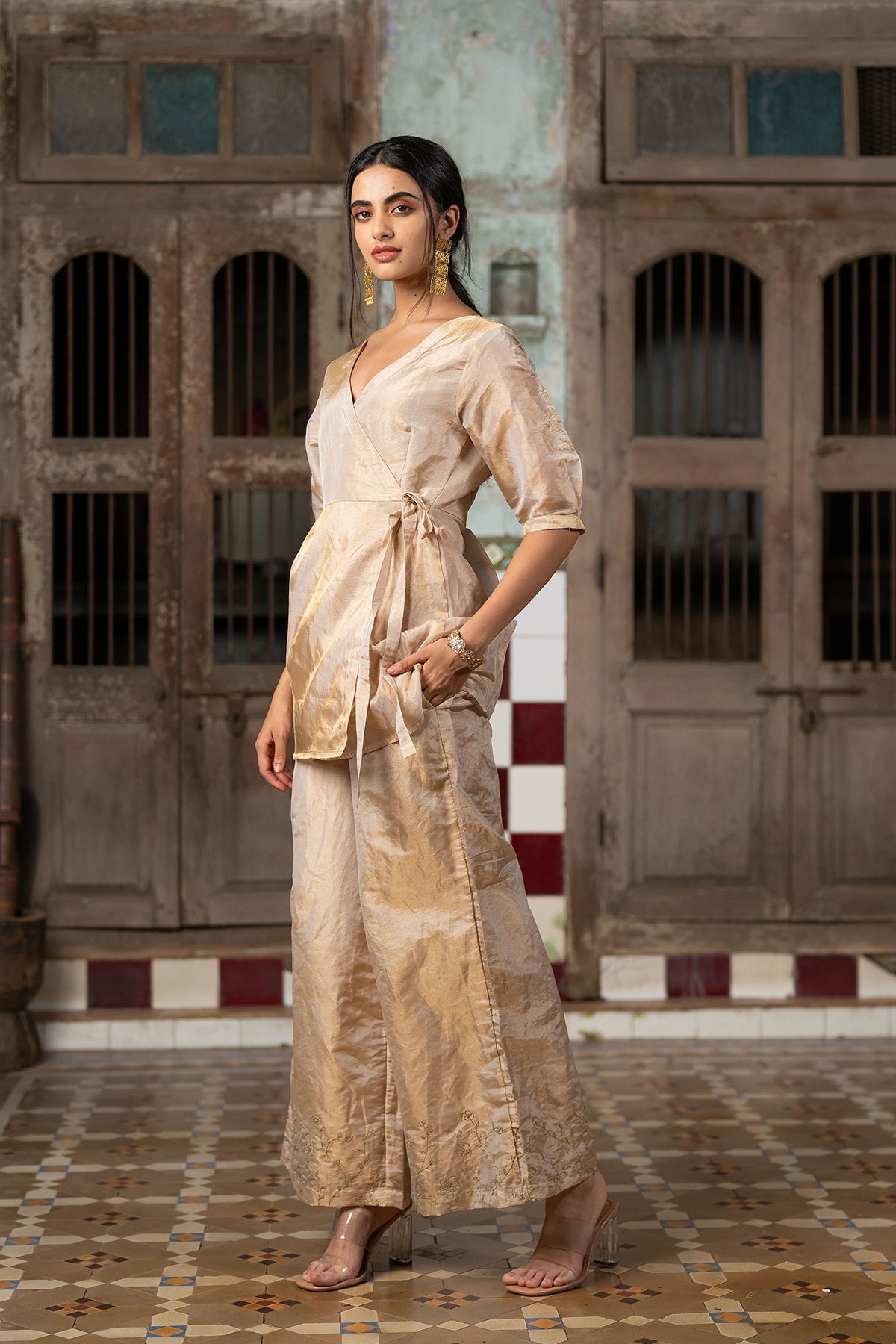 Charu tissue wrap top with wide pants - Gold
