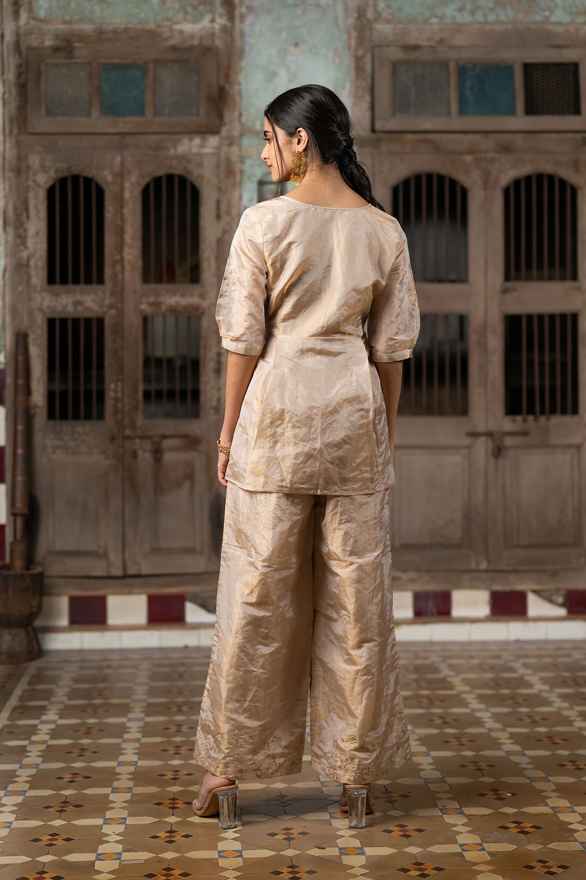 Charu tissue wrap top with wide pants - Gold