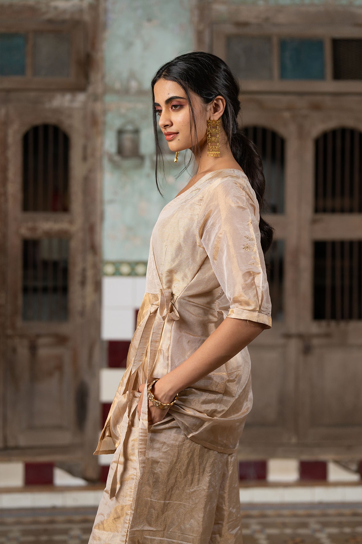 Charu tissue wrap top with wide pants - Gold