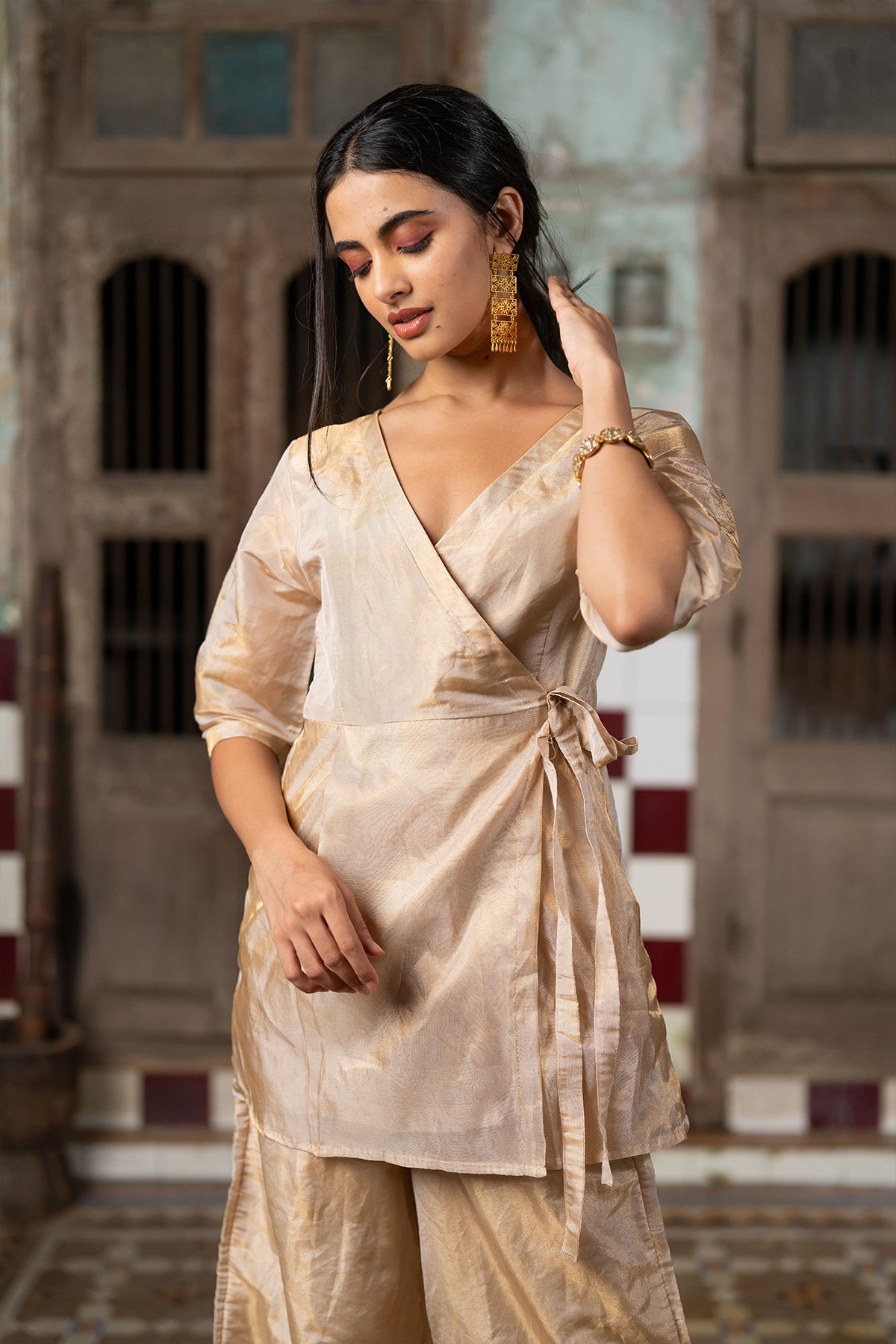 Charu tissue wrap top with wide pants - Gold