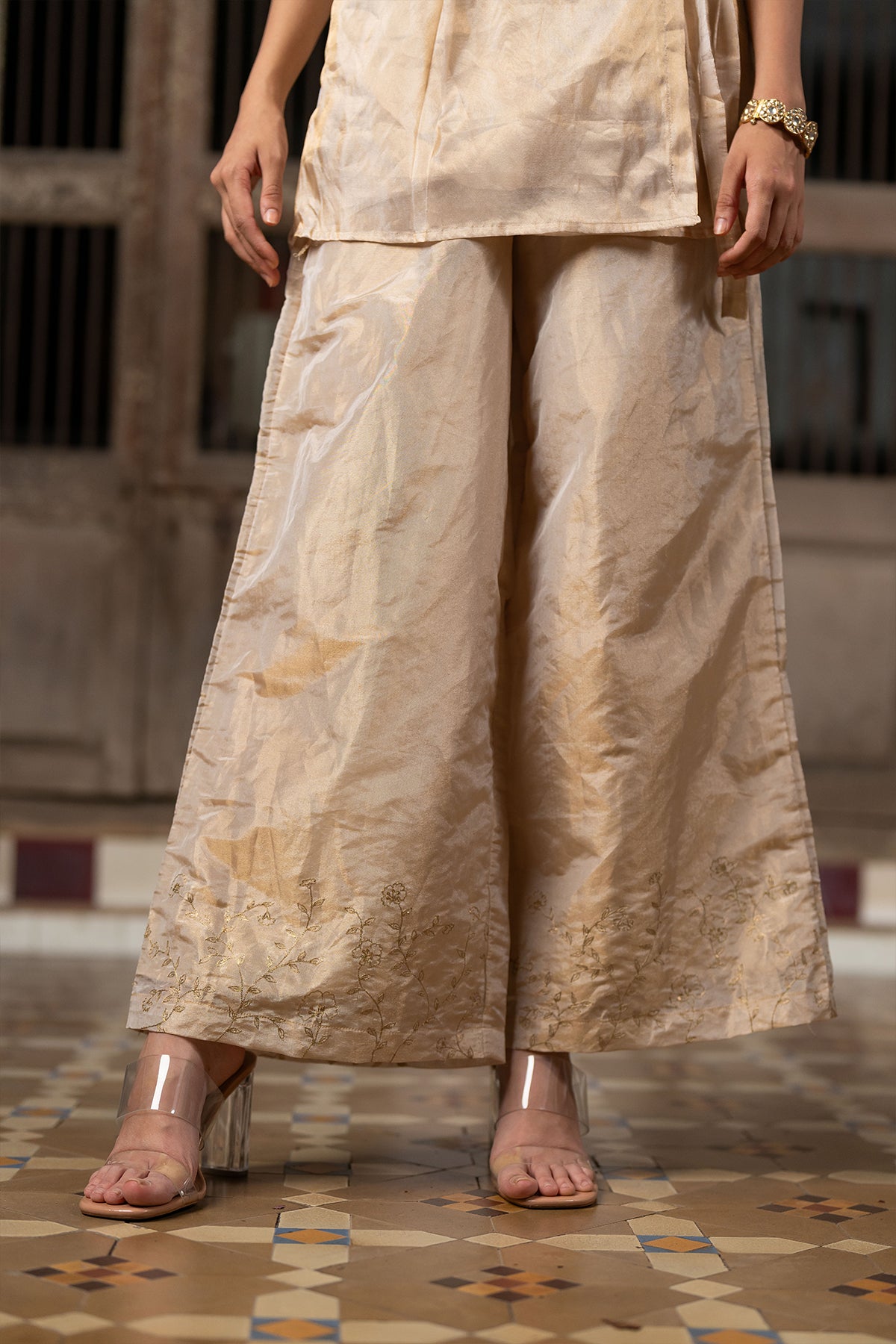Charu tissue wrap top with wide pants - Gold