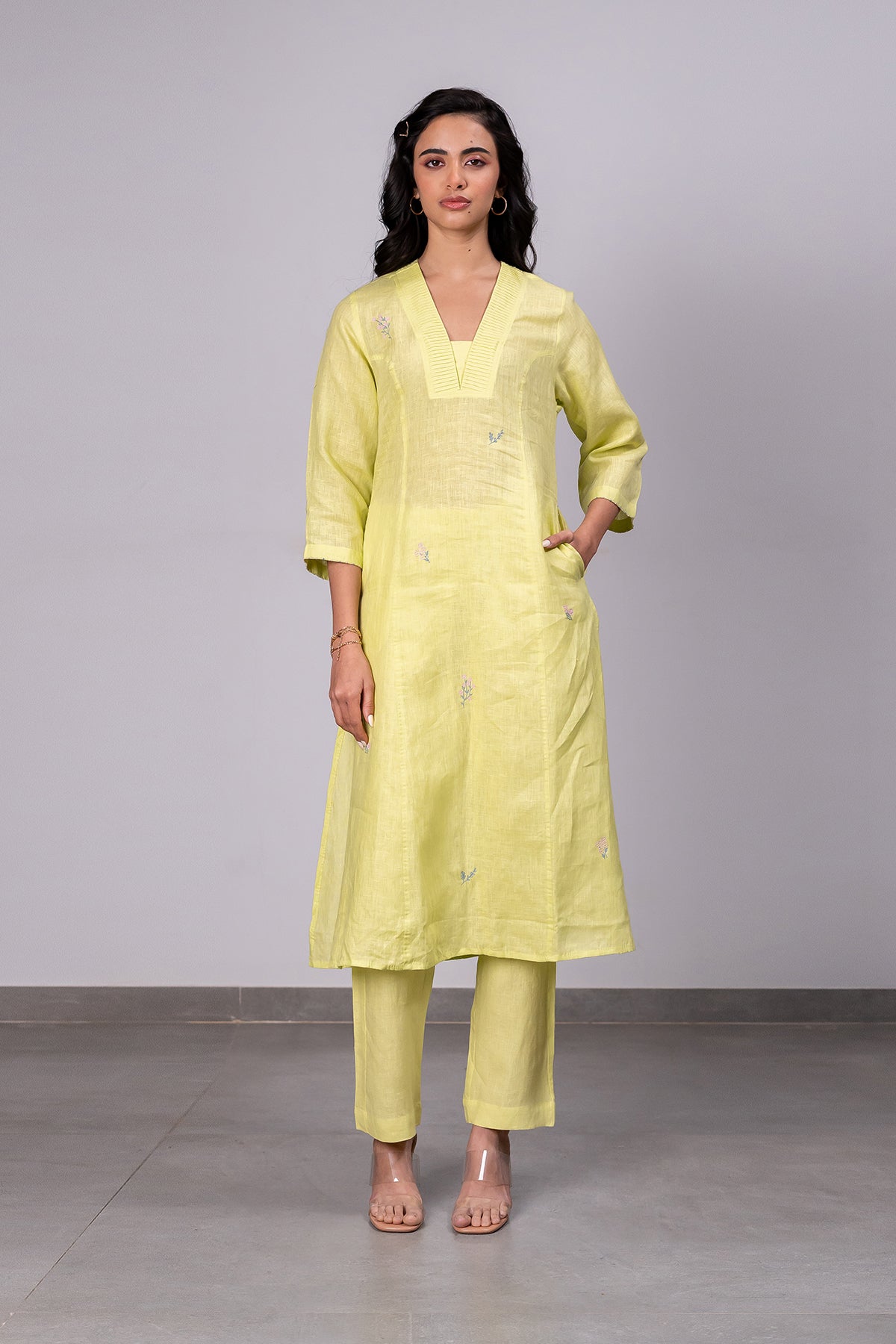 Clara Linen V-Neck Pin Tucks Kurta Pants Set With Pockets - Lime