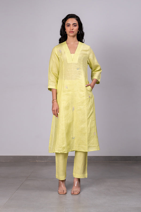 Clara Linen V-Neck Pin Tucks Kurta Pants Set With Pockets - Lime