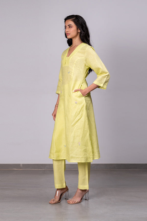 Clara Linen V- Neck Pin Tucks Kurta- Pants Set With Pockets – Lime