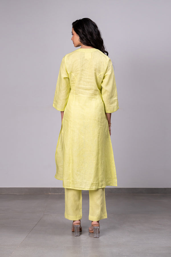 Clara Linen V- Neck Pin Tucks Kurta- Pants Set With Pockets – Lime