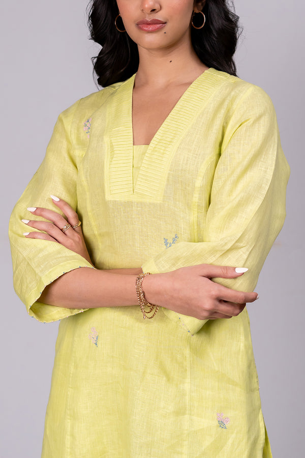 Clara Linen V- Neck Pin Tucks Kurta- Pants Set With Pockets – Lime