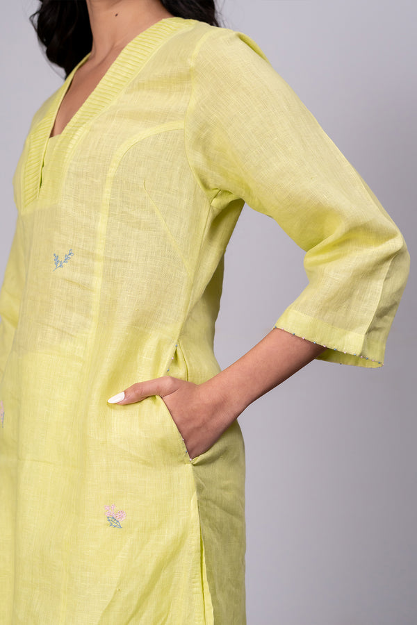 Clara Linen V- Neck Pin Tucks Kurta- Pants Set With Pockets – Lime
