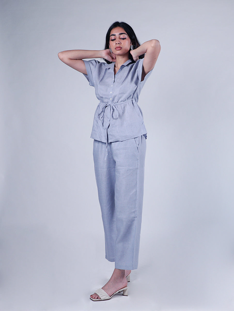 HEATHER LINEN DRAWSTRING TOP - Powder Blue