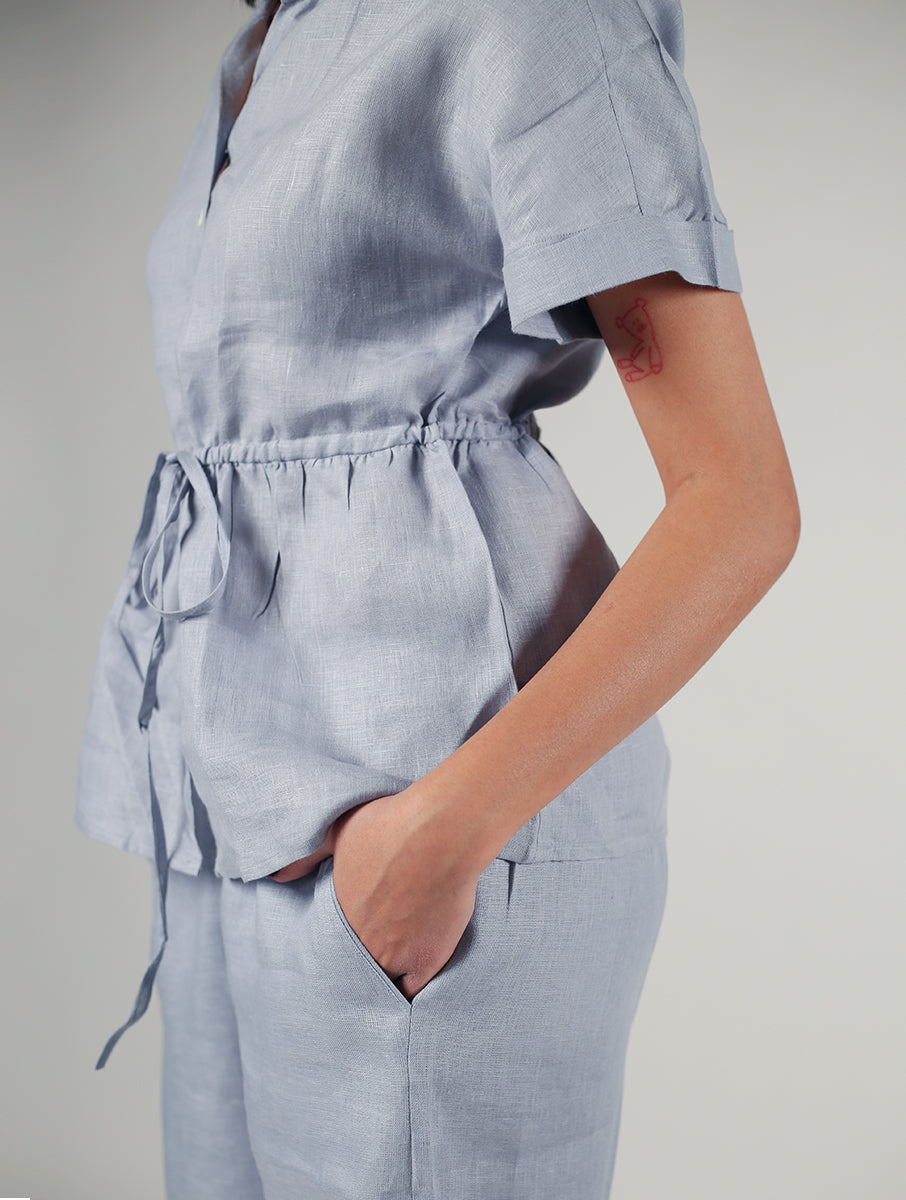 HEATHER LINEN DRAWSTRING TOP - Powder Blue