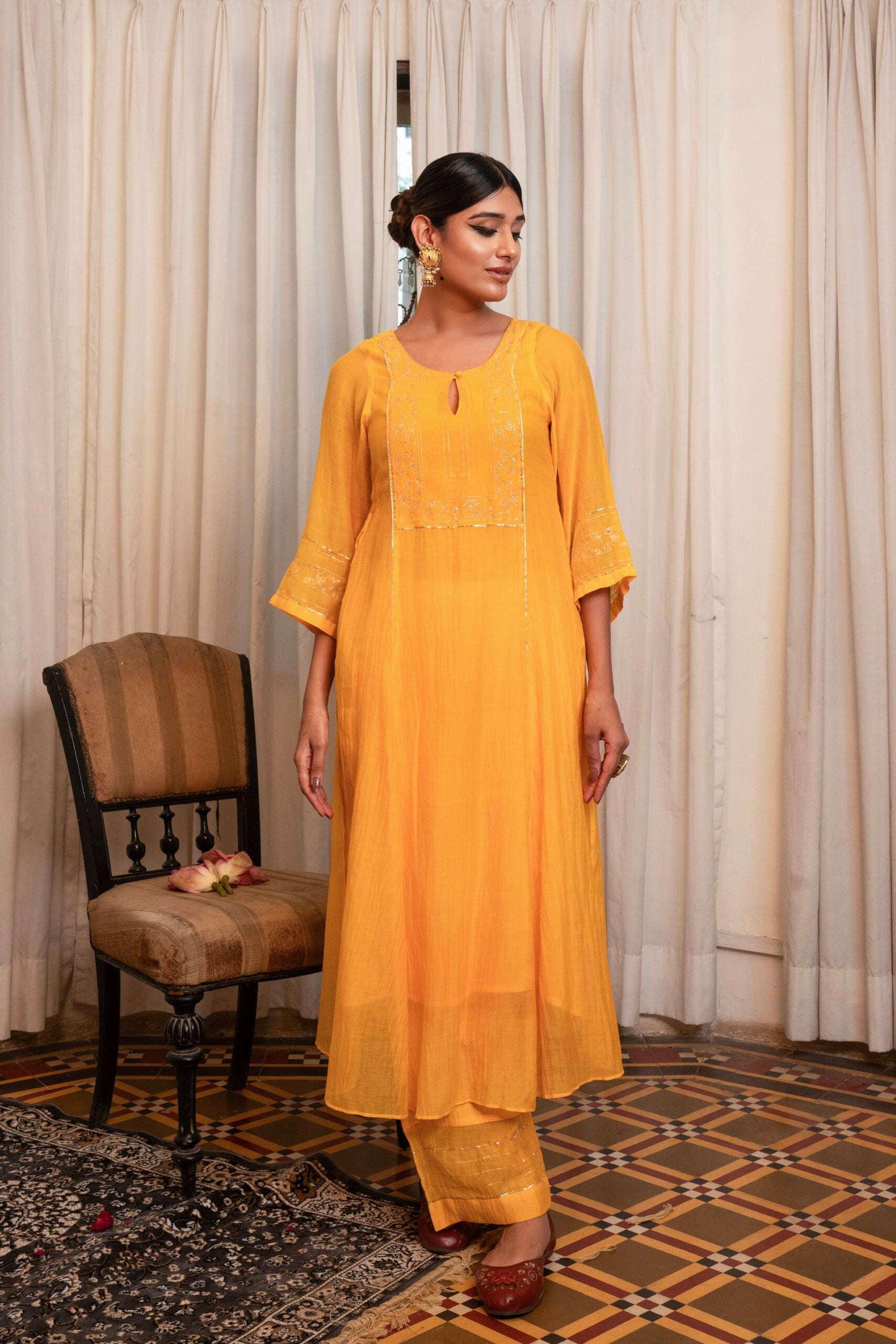 "Goru Aur Badal" Straight Kurta set - kesariya peela