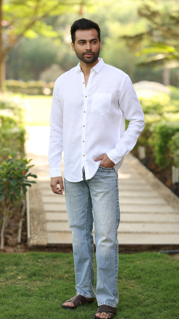 Linen Men Classic Collar Shirt - White