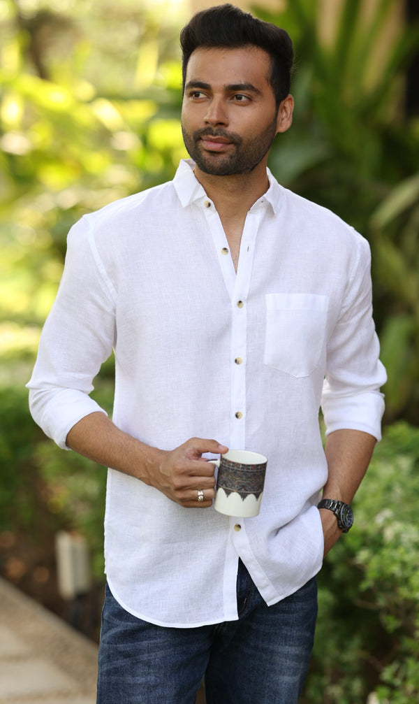 Linen Men Classic Collar Shirt - White