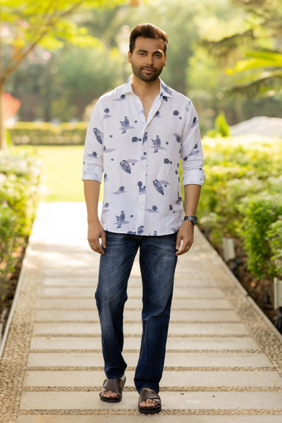 Linen Men Classic Collar Shirt - White Badal Naav