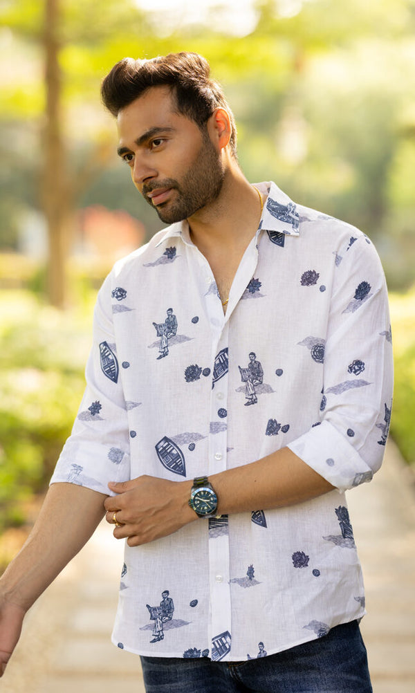 Linen Men Classic Collar Shirt - White Badal Naav