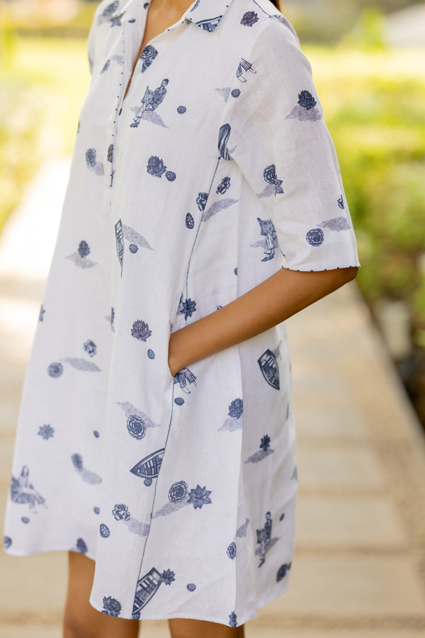 Linen Atoll Dress - White Badal Naav