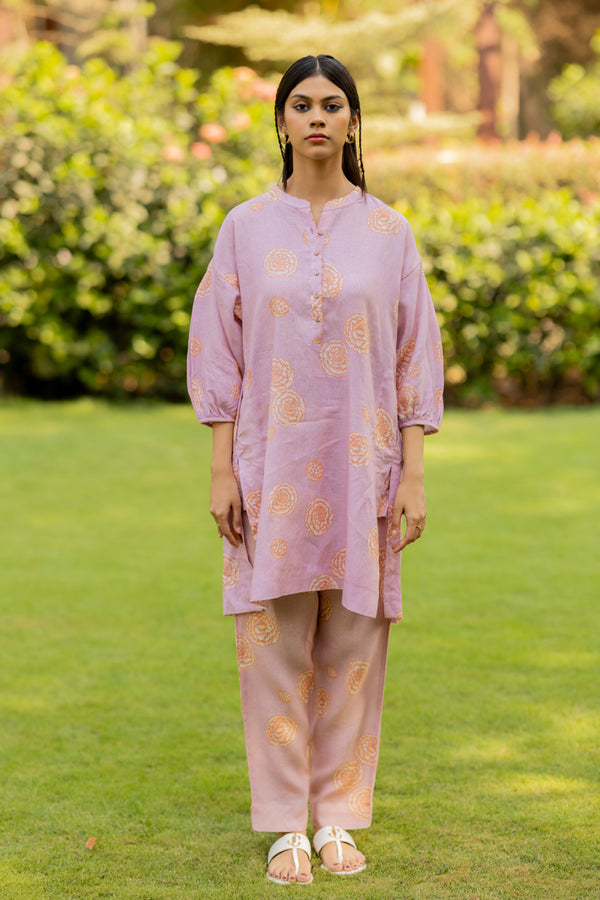 Linen Over sized Short kurta - Pink floral