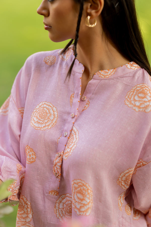 Linen Over sized Short kurta - Pink floral