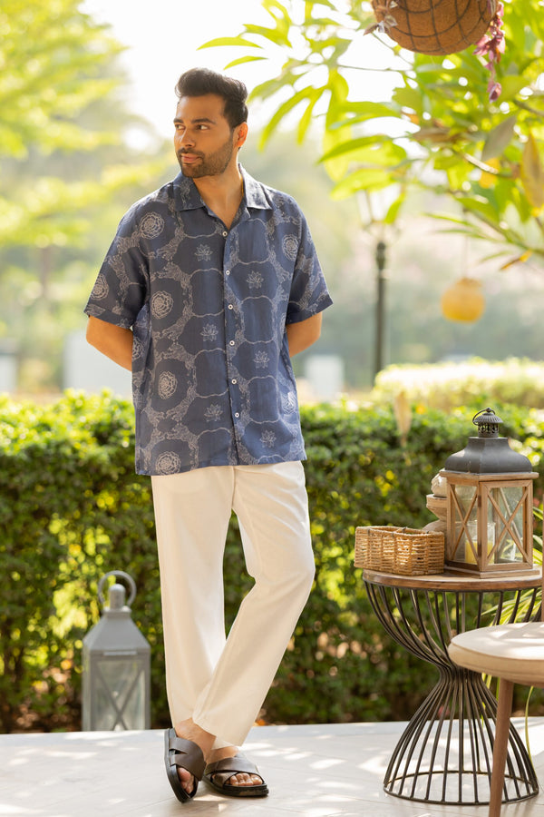 Linen Men Shawl Collar Shirt- Blue Tiger
