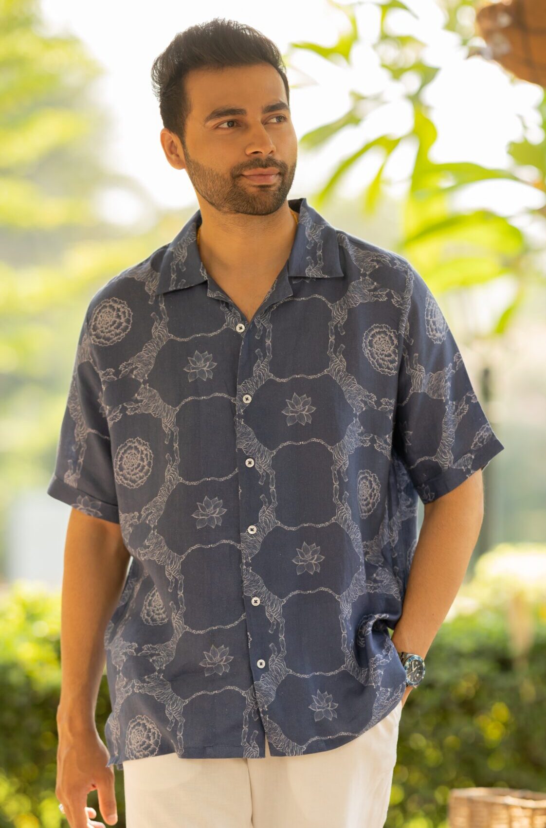 Linen Men Shawl Collar Shirt- Blue Tiger