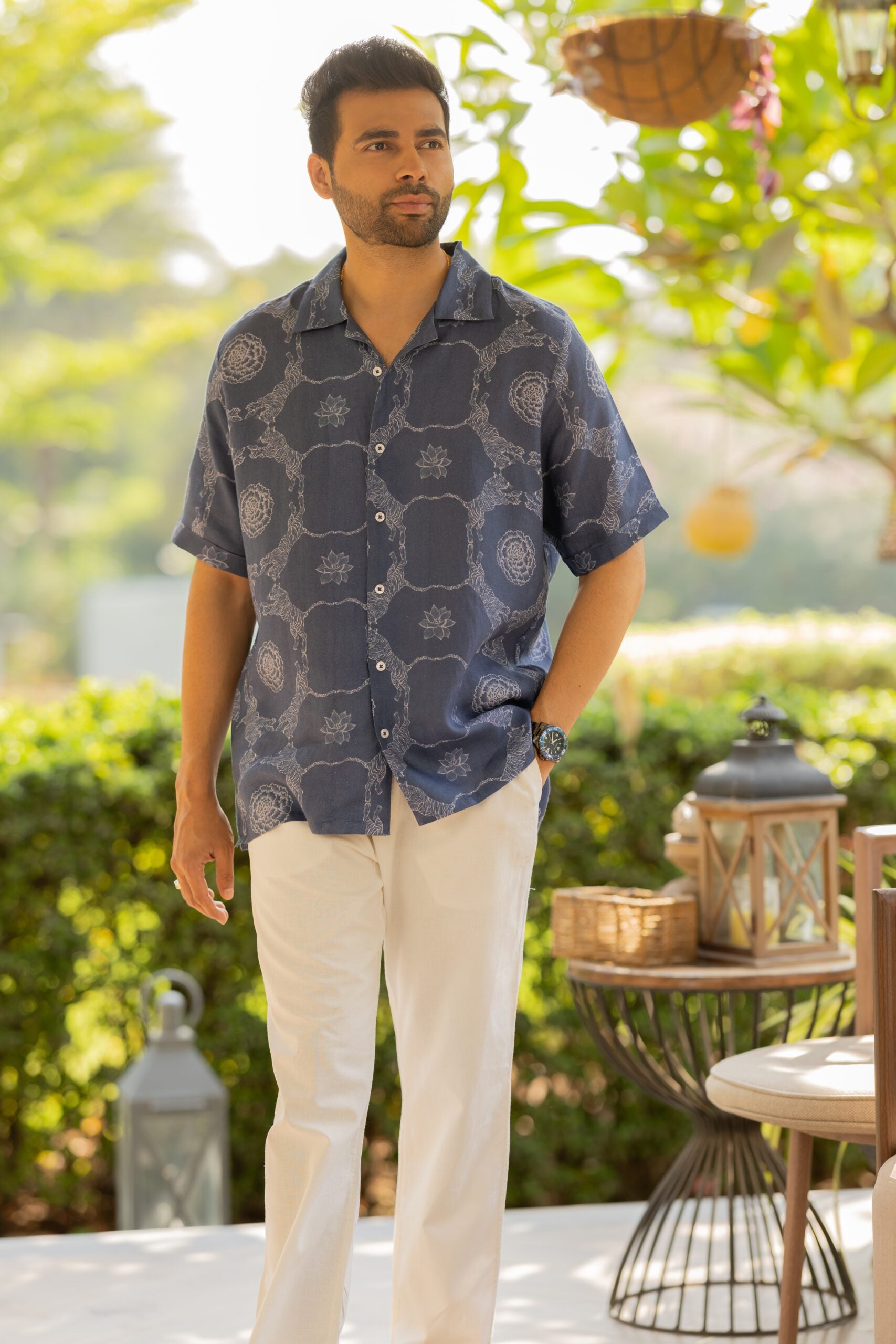 Linen Men Shawl Collar Shirt- Blue Tiger