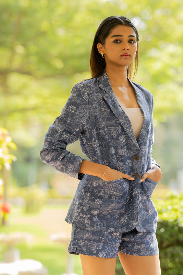 Linen Blazer- Blue Banaras